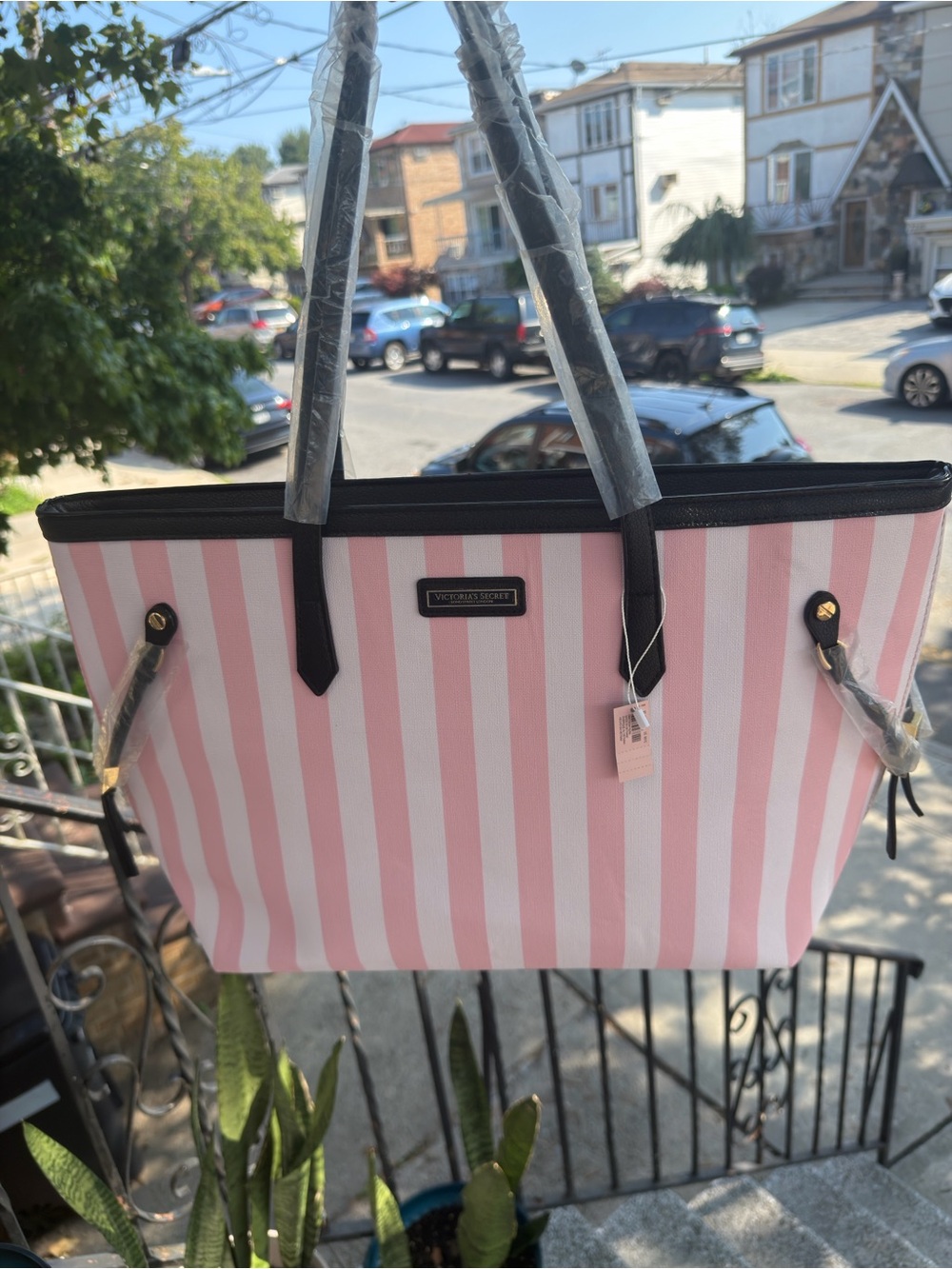 Victoria's Secret Pink & White Striped Tote with Black Trim